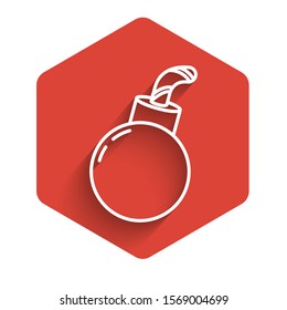 White line Bomb ready to explode icon isolated with long shadow. Happy Halloween party. Red hexagon button. Vector Illustration