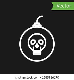 White line Bomb ready to explode icon isolated on black background. Happy Halloween party.  Vector Illustration