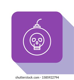 White line Bomb ready to explode icon isolated on white background. Happy Halloween party. Purple square button. Vector Illustration