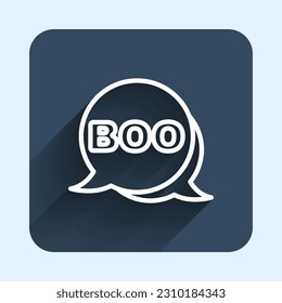 Weiße Linie Boo-Sprechblase Symbol einzeln auf langem Hintergrund. Frohes Halloween-Fest. Blauer Quadrat-Knopf. Vektorgrafik