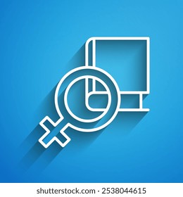 White line Book about women icon isolated on blue background. 8 March. International Happy Women Day. Long shadow. Vector