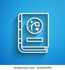White line Book by astronomy icon isolated on blue background. Long shadow. Vector Illustration