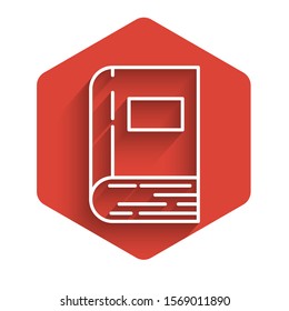White line Book icon isolated with long shadow. Red hexagon button. Vector Illustration