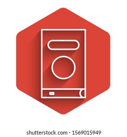 White line Book icon isolated with long shadow. Red hexagon button. Vector Illustration