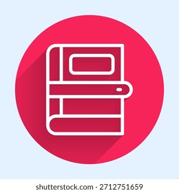 Icono de libro de línea blanca aislado con fondo de sombra larga. Botón del círculo rojo. Vector