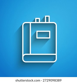 White line Book icon isolated on blue background. Long shadow. Vector