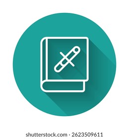 White line Book with stop cigarette icon isolated with long shadow background. Book about the dangers of smoking. Green circle button. Vector