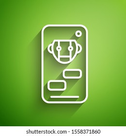 White line Bot icon isolated on green background. Robot icon.  Vector Illustration