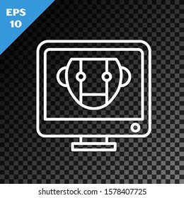 White line Bot icon isolated on transparent dark background. Computer monitor and robot icon.  Vector Illustration