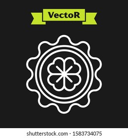 White line Bottle cap with four leaf clover icon isolated on black background. Happy Saint Patricks day.  Vector Illustration