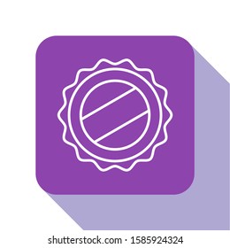 White line Bottle cap icon isolated on white background. Purple square button. Vector Illustration