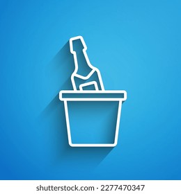 White line Bottle of champagne in an ice bucket icon isolated on blue background. Long shadow. Vector