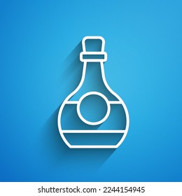 White line Bottle of cognac or brandy icon isolated on blue background. Long shadow. Vector
