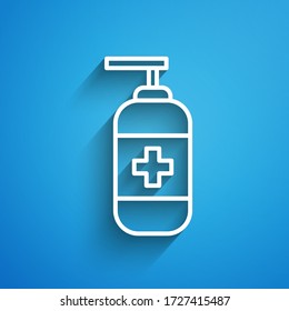 White line Bottle of liquid antibacterial soap with dispenser icon isolated on blue background. Antiseptic. Disinfection, hygiene, skin care. Long shadow. Vector Illustration