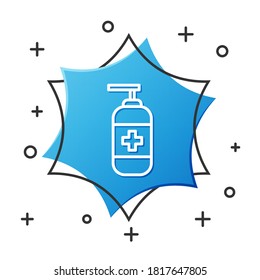 White line Bottle of liquid antibacterial soap with dispenser icon isolated on white background. Antiseptic. Disinfection, hygiene, skin care. Blue hexagon button. Vector Illustration