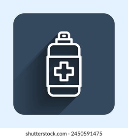 White line Bottle of liquid antibacterial soap with dispenser icon isolated with long shadow background. Antiseptic. Disinfection, hygiene, skin care. Blue square button. Vector