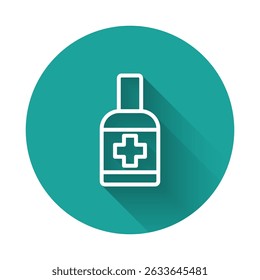 White line Bottle of liquid antibacterial soap with dispenser icon isolated with long shadow. Antiseptic. Disinfection, hygiene, skin care. Green circle button. Vector