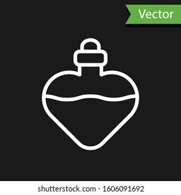 White line Bottle with love potion icon isolated on black background. Valentines day symbol.  Vector Illustration