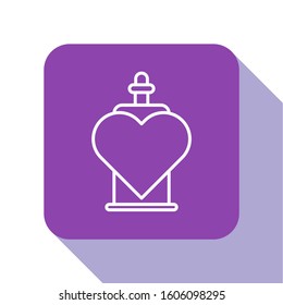 White line Bottle with love potion icon isolated on white background. Valentines day symbol. Purple square button. Vector Illustration
