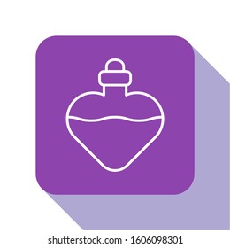 White line Bottle with love potion icon isolated on white background. Valentines day symbol. Purple square button. Vector Illustration
