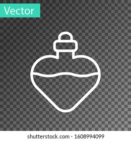 White line Bottle with love potion icon isolated on transparent background. Valentines day symbol.  Vector Illustration