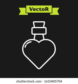 White line Bottle with love potion icon isolated on black background. Valentines day symbol.  Vector Illustration