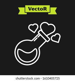 White line Bottle with love potion icon isolated on black background. Valentines day symbol.  Vector Illustration