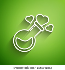 White line Bottle with love potion icon isolated on green background. Valentines day symbol.  Vector Illustration