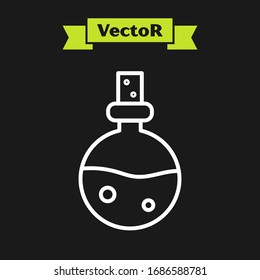 White line Bottle with love potion icon isolated on black background. Valentines day symbol.  Vector Illustration