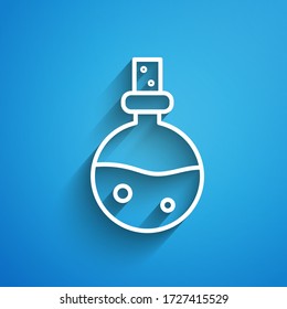 White line Bottle with love potion icon isolated on blue background. Valentines day symbol. Long shadow. Vector Illustration