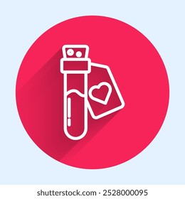 White line Bottle with love potion icon isolated with long shadow. Valentines day symbol. Red circle button. Vector
