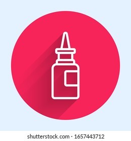 White line Bottle nasal spray icon isolated with long shadow. Red circle button. Vector Illustration