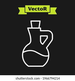 White line Bottle of olive oil icon isolated on black background. Jug with olive oil icon.  Vector