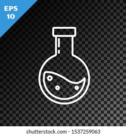 White line Bottle with potion icon isolated on transparent dark background. Flask with magic potion. Happy Halloween party.  Vector Illustration