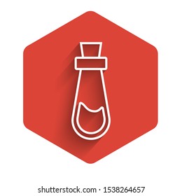 White line Bottle with potion icon isolated with long shadow. Flask with magic potion. Happy Halloween party. Red hexagon button. Vector Illustration