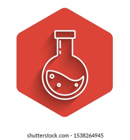 White line Bottle with potion icon isolated with long shadow. Flask with magic potion. Happy Halloween party. Red hexagon button. Vector Illustration