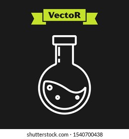 White line Bottle with potion icon isolated on black background. Flask with magic potion. Happy Halloween party.  Vector Illustration