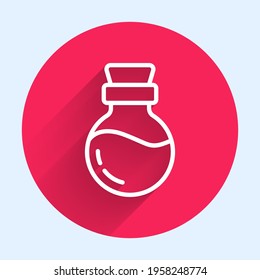 White line Bottle with potion icon isolated with long shadow. Flask with magic potion. Happy Halloween party. Red circle button. Vector