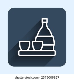 White line Bottle of sake, small cup of sake icon isolated with long shadow background. Blue square button. Vector