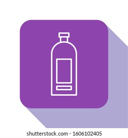 White line Bottle of shampoo icon isolated on white background. Purple square button. Vector Illustration
