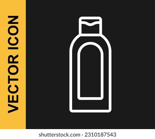 Weiße Flasche Shampoo Symbol einzeln auf schwarzem Hintergrund.  Vektorgrafik
