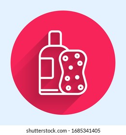 White line Bottle of shampoo and sponge icon isolated with long shadow. Red circle button. Vector Illustration