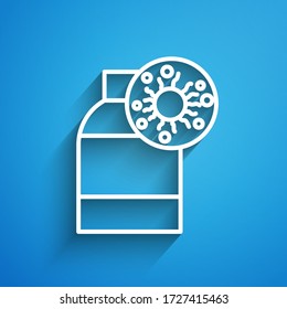 White line Bottle with virus and bacteria icon isolated on blue background. Analysis microorganism, research, diagnosis. Long shadow. Vector Illustration