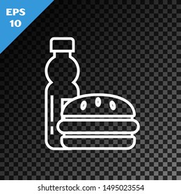 White line Bottle of water and burger icon isolated on transparent dark background. Soda aqua drink sign. Hamburger, cheeseburger sandwich. Fast food menu.  Vector Illustration