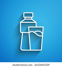 White line Bottle of water with glass icon isolated on blue background. Soda aqua drink sign. Long shadow. Vector