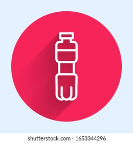 White line Bottle of water icon isolated with long shadow. Soda aqua drink sign. Red circle button. Vector Illustration