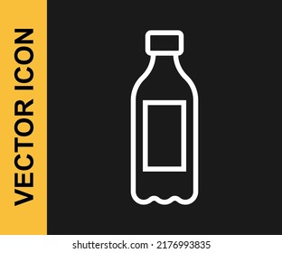 White line Bottle of water icon isolated on black background. Soda aqua drink sign.  Vector