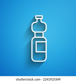 White line Bottle of water icon isolated on blue background. Soda aqua drink sign. Long shadow. Vector Illustration