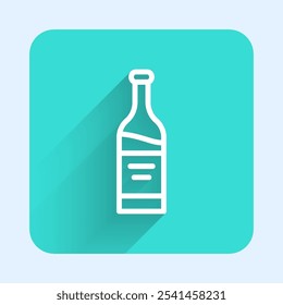 White line Bottle of wine icon isolated with long shadow. Green square button. Vector