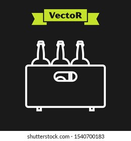 White line Bottles of wine in a wooden box icon isolated on black background. Wine bottles in a wooden crate icon.  Vector Illustration